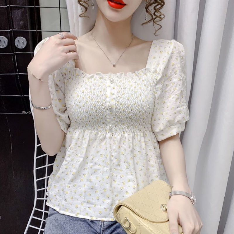 Áo Kiểu Cổ Vuông Họa Tiết Hoa Xinh Xắn Thời Trang Mùa Hè Cho Nữ