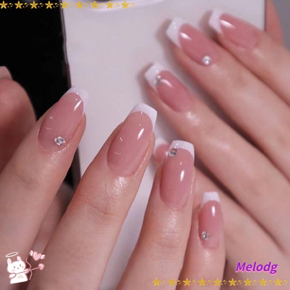 MELODG Bộ 24 Móng Tay Giả Che Phủ Toàn Diện Đính Pha Lê Xinh Xắn