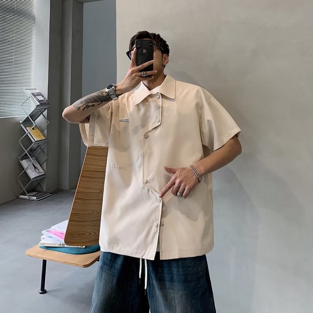Áo Sơ Mi Nam Ngắn Tay Dáng Rộng Thiết Kế Bất Đối Xứng Phong Cách Mới 2023