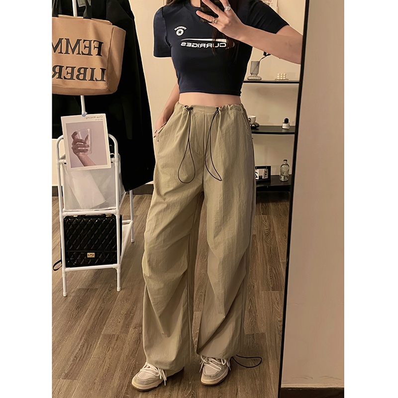 SUXI Quần ống rộng Lưng Cao Phối Dây Rút Thời Trang Mùa Hè Phong Cách Vintage