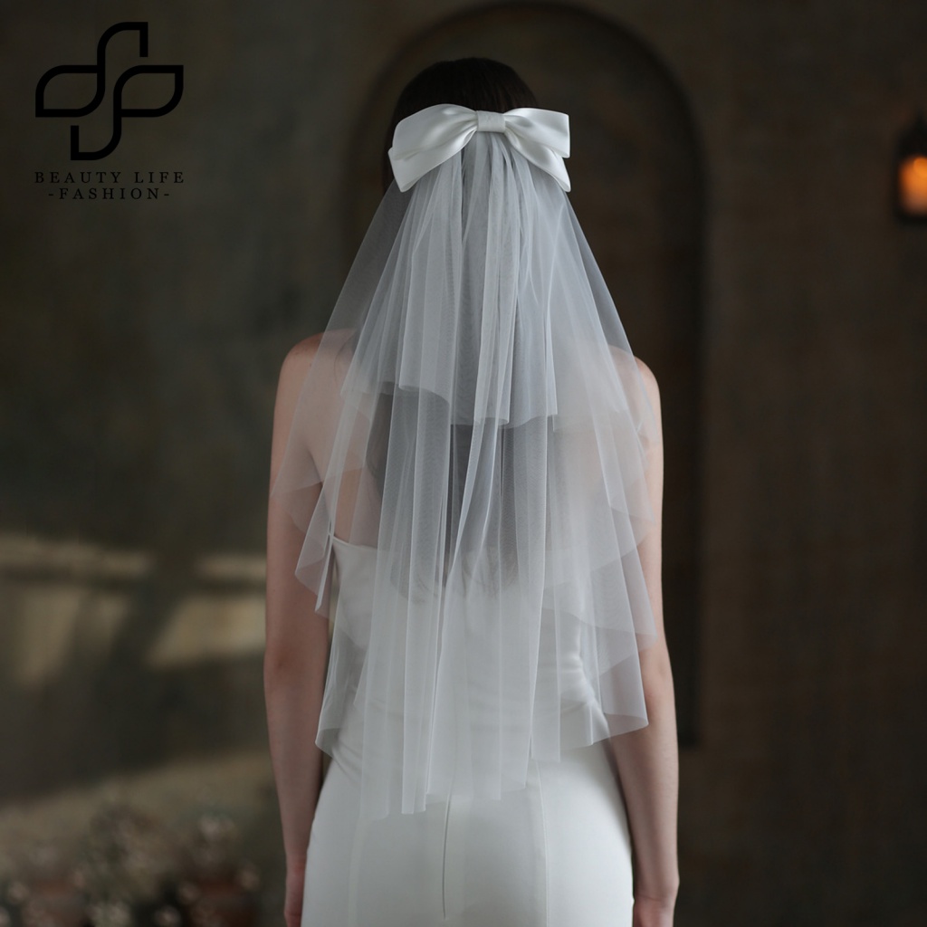 Mạng Che Mặt Đính Nơ Lưới Hai Lớp Màu Trắng Phong Cách Retro Dành Cho Cô Dâu Chụp Ảnh