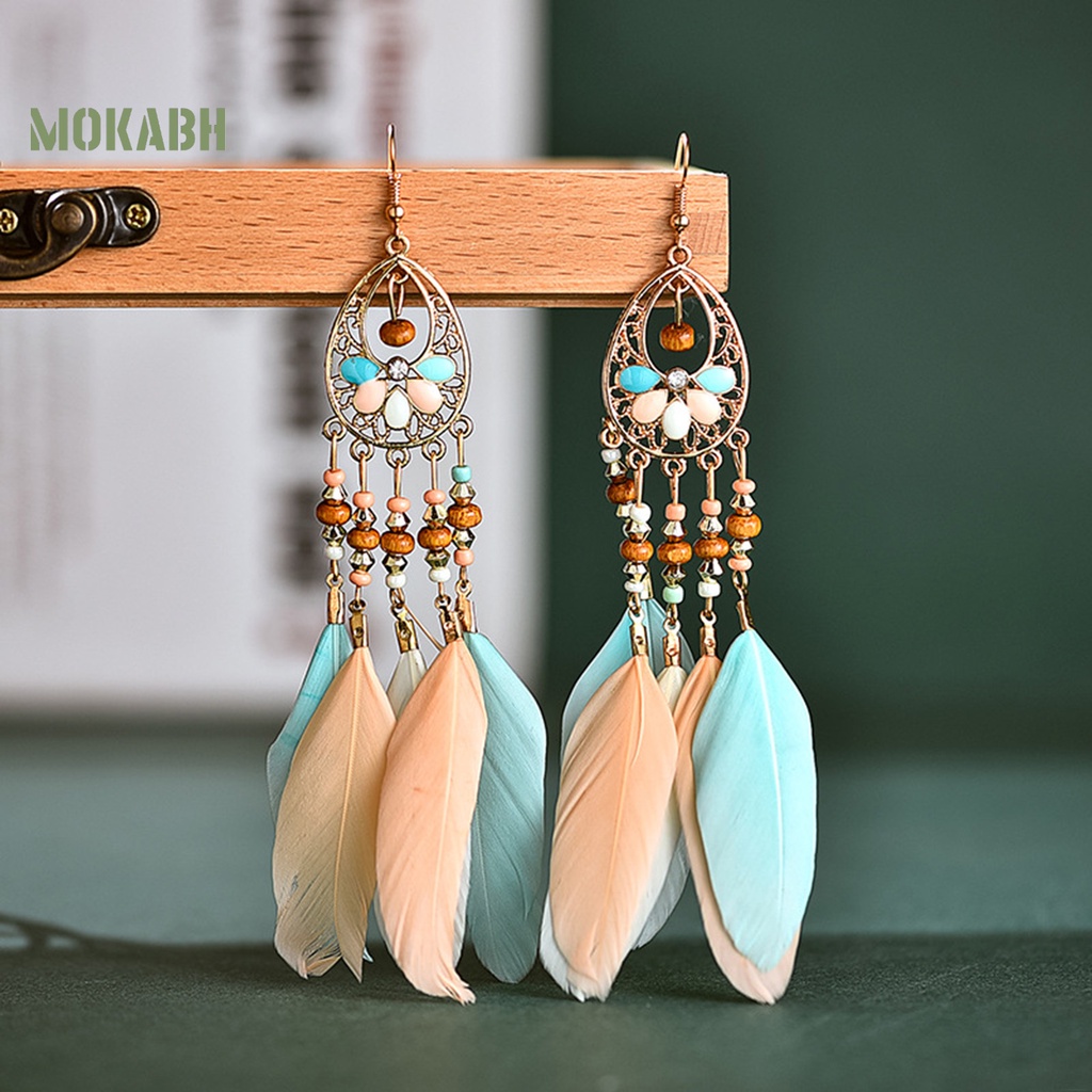 1 Đôi Bông Tai Hình Lông Vũ Dáng Dài Phong Cách Bohemian