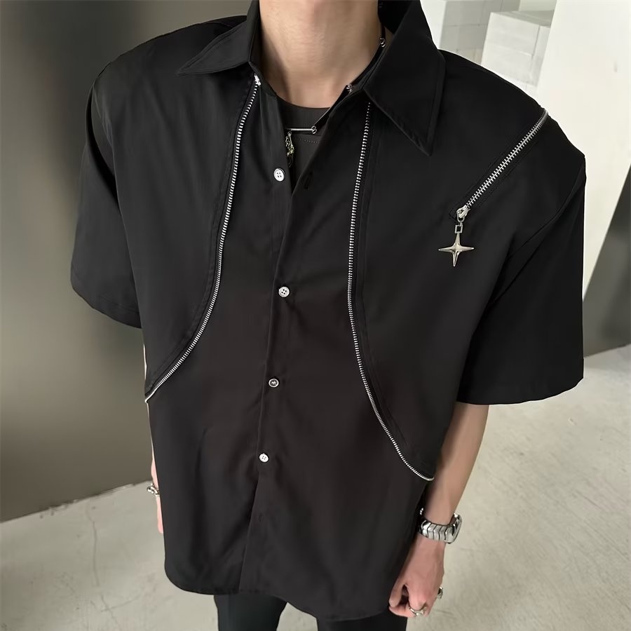 Áo Sơ Mi Ngắn Tay Dáng Rộng Có Khóa Kéo Kim Loại Phong Cách Retro Đường Phố Mỹ Mùa Hè Mới Dành Cho Nữ @ -