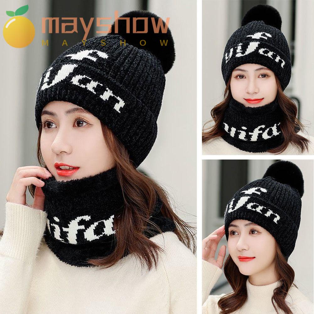 Set Mũ Beanie Dệt Kim Kèm Khăn Choàng Cổ Màu Trơn Giữ Ấm Cho Nữ