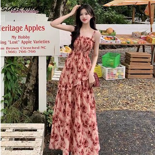 Sugemiusi Đầm Dài Hai Dây Họa Tiết Hoa Mùa Hè Ngọt Ngào Cao Cấp Phong Cách Mới