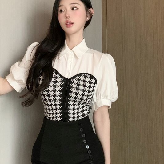 Cozok Áo Sơ Mi Tay Phồng Cổ Bẻ Phối Họa Tiết Kẻ Sọc Thời Trang