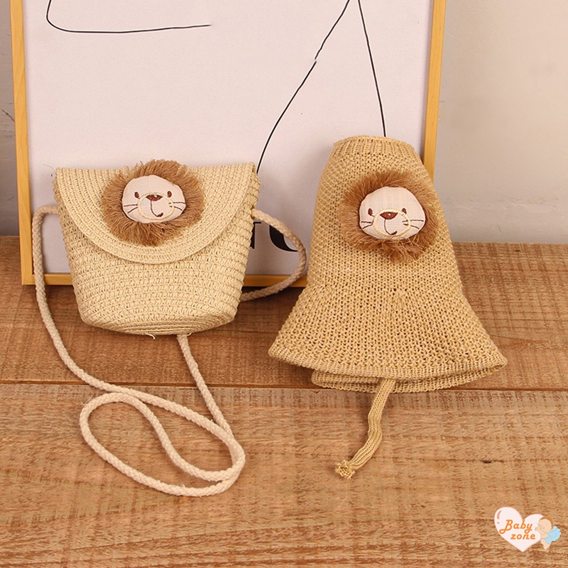Khung Thành Cho Bé Chất Lượng Cao❤Mũ Cói Hở Chóp Thêu Hình Sư Tử Hoạt Hình Phong Cách Hàn Quốc Cho Nữ
