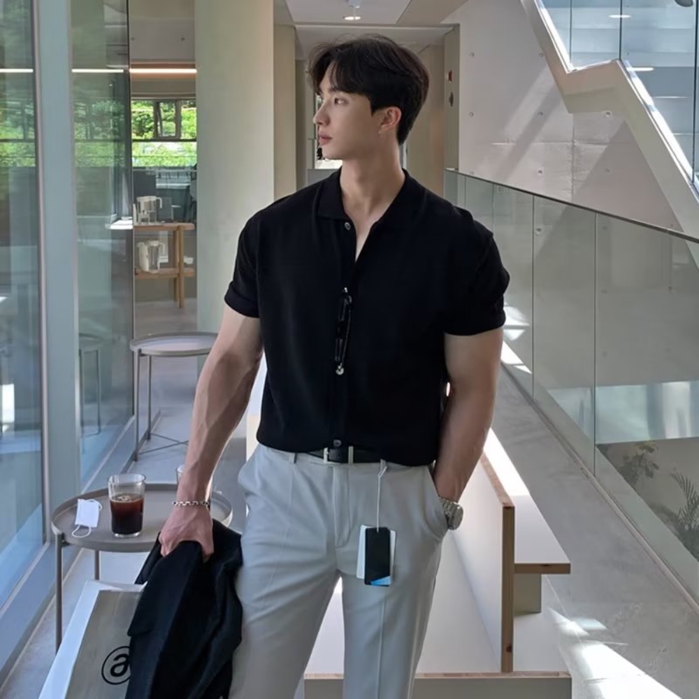 Áo Thun Polo Dệt Kim Mỏng Tay Ngắn Dáng Rộng Màu Sắc Đơn Giản Phong Cách Đường Phố Nhật Bản Cho Nam Và Nữ