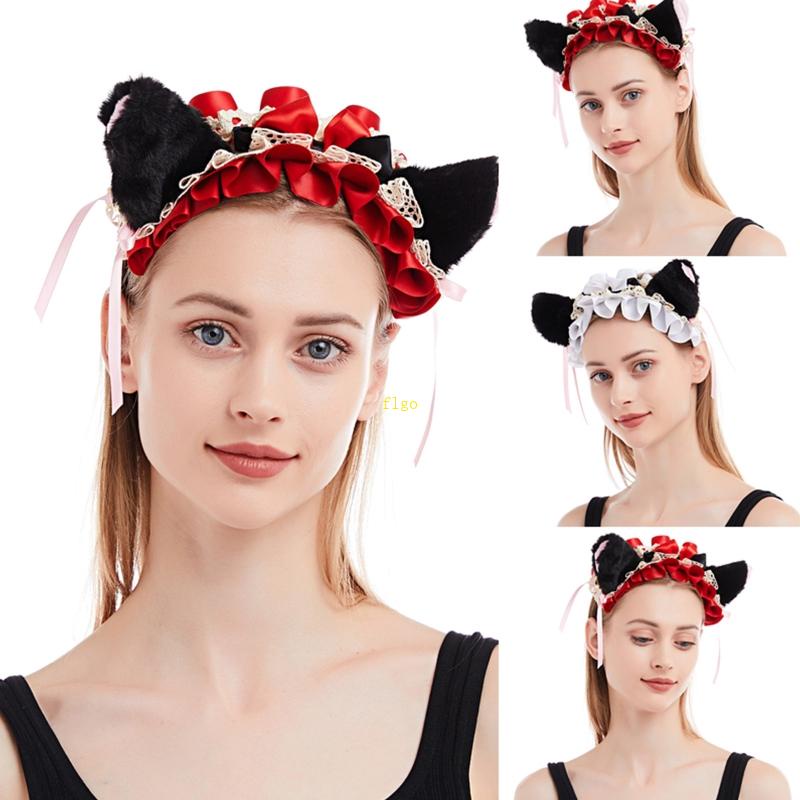 Băng Đô Tai Mèo Phối Ren Xếp Ly Kiểu Dáng Ngọt Ngào Dành Cho Nữ