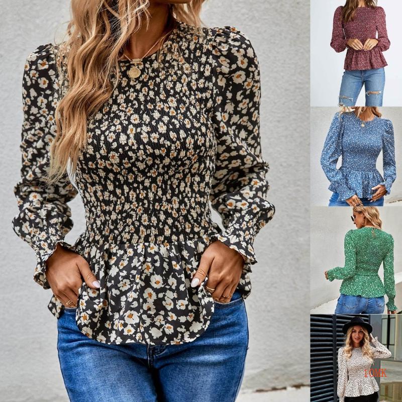 Áo Sơ Mi Peplum Viền Bèo Tay Dài Phồng In Họa Tiết Hoa Cho Nữ