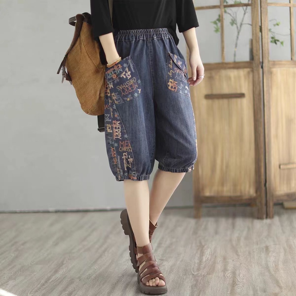 Quần Short Denim Ống Suông In Chữ Thời Trang Mùa Hè 2023 Cho Nữ