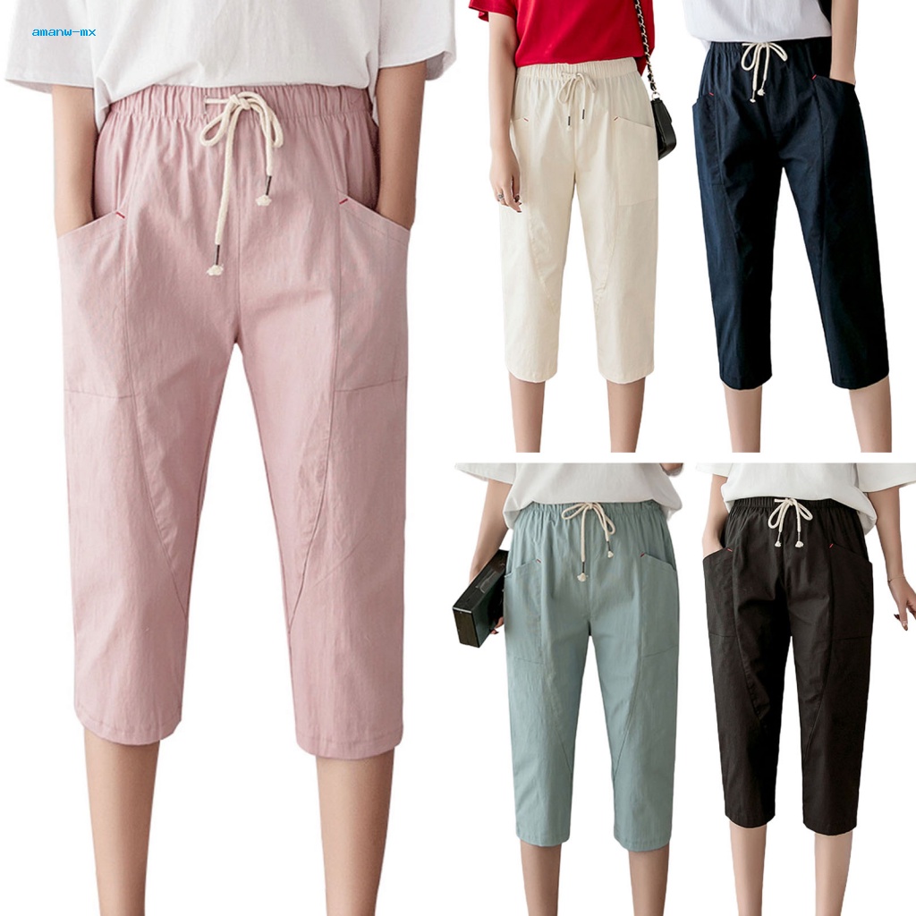 Am * Quần Crop Top Trơn Mùa Hè Có Dây Rút Và Túi Lưng Thun Giản Dị Mặc Hàng Ngày Cho Nữ
