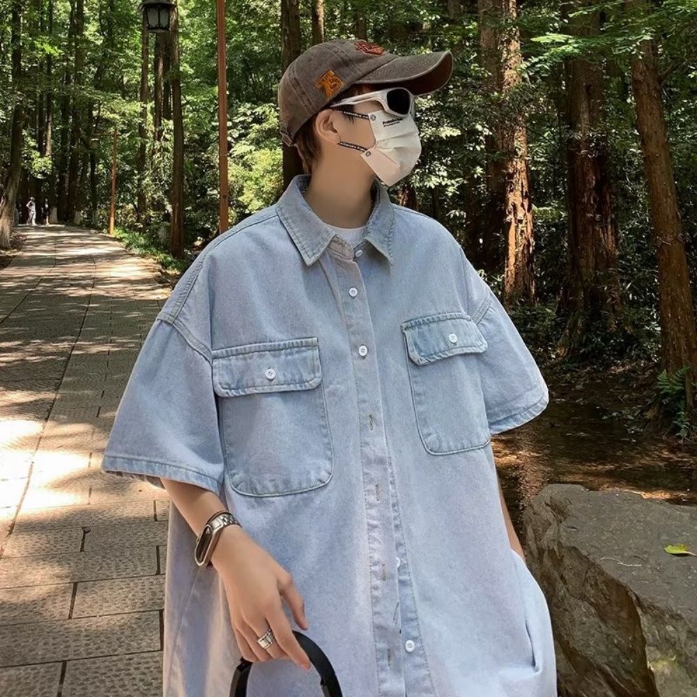 Áo Sơ Mi Denim Tay Ngắn Phong Cách Thời Trang Đường Phố Mới Cho Nam