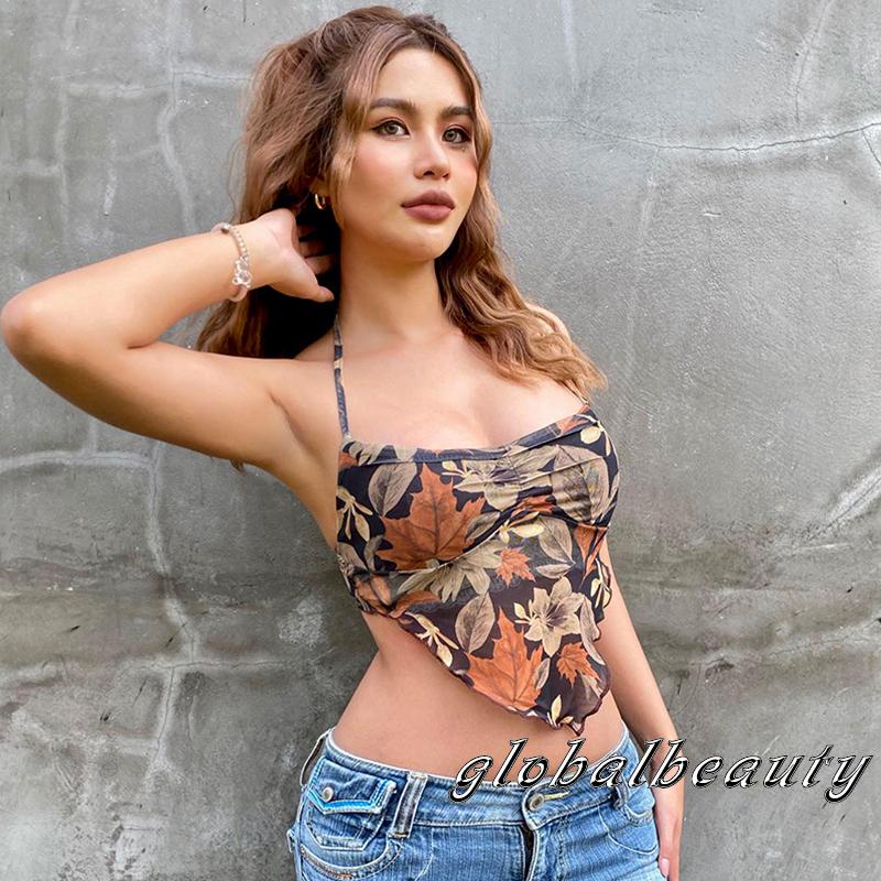 Áo Crop Top Không Tay Hở Lưng Ôm Dáng Họa Tiết Hoa Thời Trang Mùa Hè Cho Nữ