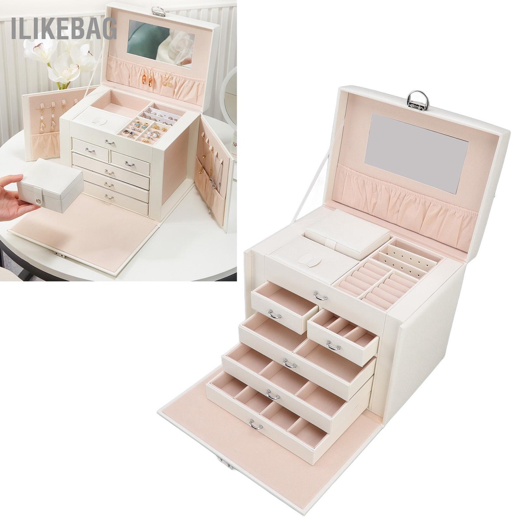 Ilikebag Da Tổng Hợp Hộp Đựng Trang Sức Lớn Dung Tích Nhiều Lớp Màu Trắng Phong Cách Châu Âu Có Gương Cho Hộ Gia Đình
