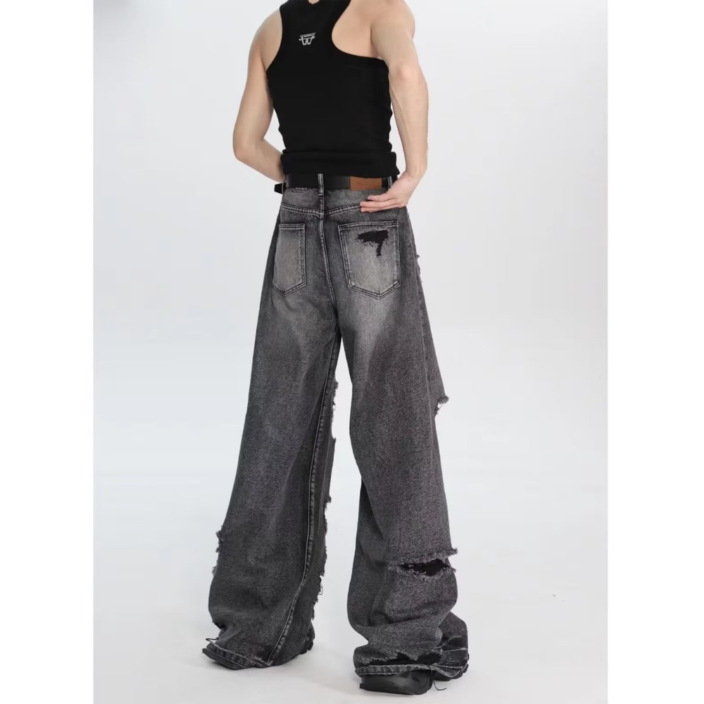 Quần Jean Rách Ống Rộng Màu Đen Phong Cách Retro Mỹ Cá Tính Cho Nam