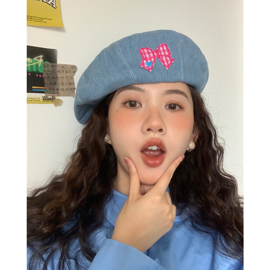 [Pink Bowknot] Mũ Nồi Denim Họa Sĩ Dễ Thương Ngọt Ngào Dễ Phối Đồ Cho Nữ
