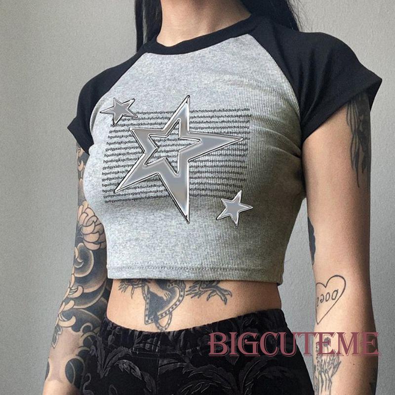 [] - Áo Crop Top Tay Ngắn Cổ Tròn In Hình Ngôi Sao Thời Trang Mùa Hè Ôm Dáng Vừa Vặn Đường Phố Màu Xám Cho Nữ