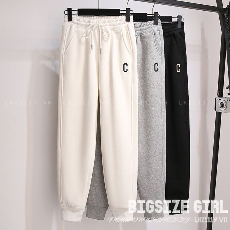 quần jogger nỉ Bigsize quần thể thao nữ cạp chun lưng thun thiết kế dây rút trắng Dày dặn mùa thu Phong cách Hàn Quốc Thời Trang cá tính xinh đẹp cho người mập béo nữ