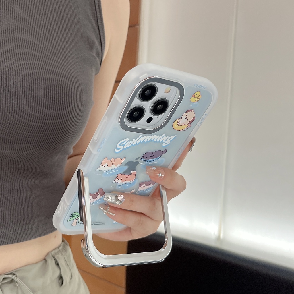 Ốp Điện Thoại Tpu Silicone Mềm Nhám Trong Suốt Chống Sốc In Hình Cún Hoạt Hình Có Giá Đỡ Vô Hình Cho iPhone 14 13 12 11Pro Max