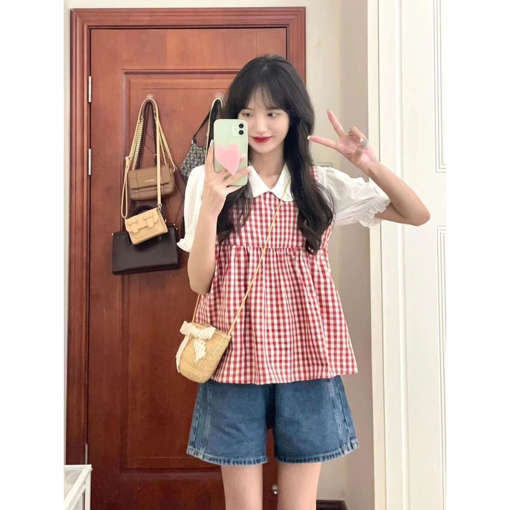 Áo Sơ Mi Hai Dây Kẻ Caro Đỏ Phong Cách Preppy Thời Trang Mùa Hè 2023 Mới Cho Nữ