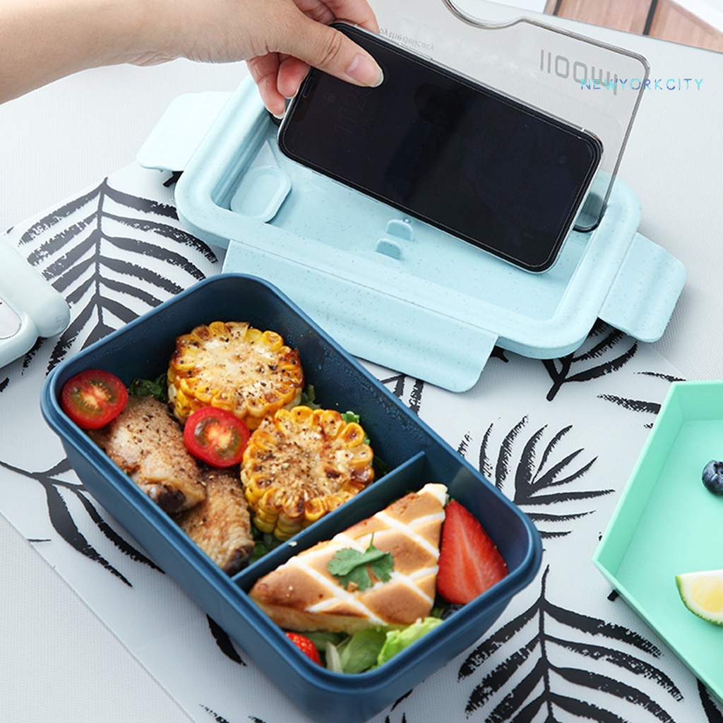 Hộp cơm Hai Ngăn Nắp Lật Bằng Nhựa Trong Suốt Kèm Muỗng Đũa Chống Rò Rỉ An Toàn Cho Trường Học