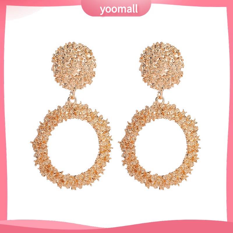 Bông Tai Kim Loại Hình Tròn Lớn Họa Tiết Retro