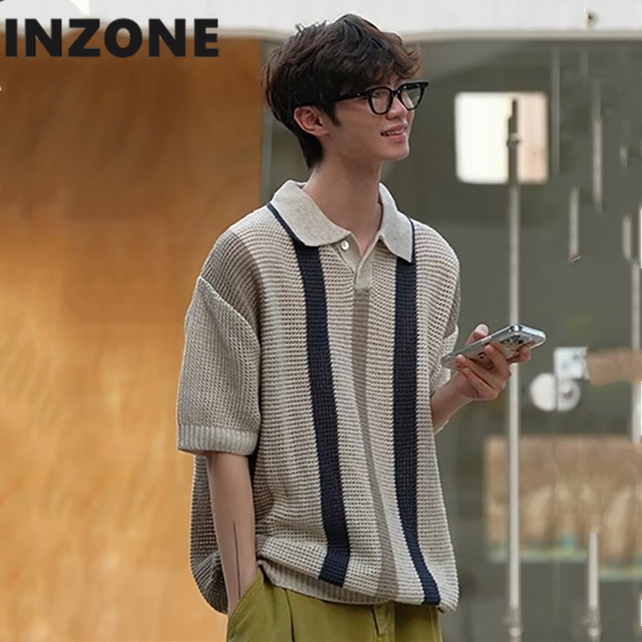 Áo polo Dệt Kim Tay Ngắn Thoáng Khí Màu Sắc Khối Rỗng Phong Cách Hàn Quốc