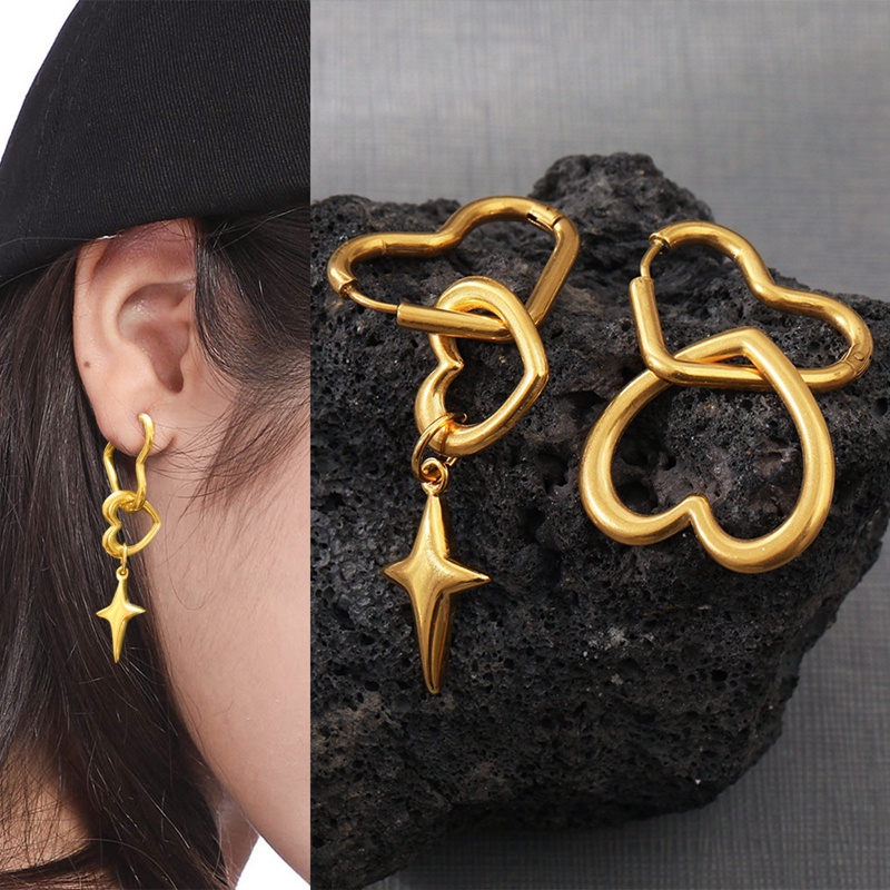 Khuyên Tai Mạ Vàng 18K Hình Thánh Giá / Trái Tim Sáng Tạo Bằng Thép Không Gỉ Chống Thấm Nước Và Chống Phai Màu