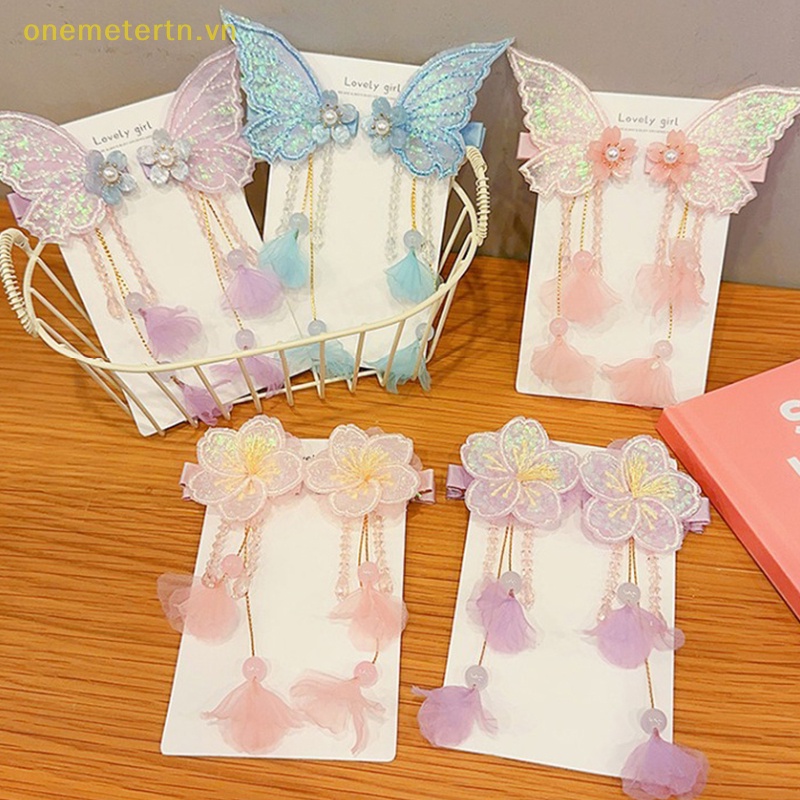 1 Cặp Kẹp Tóc Tua Rua Thêu Hình Hoa / Bướm Handmade Thời Trang Cho Nữ