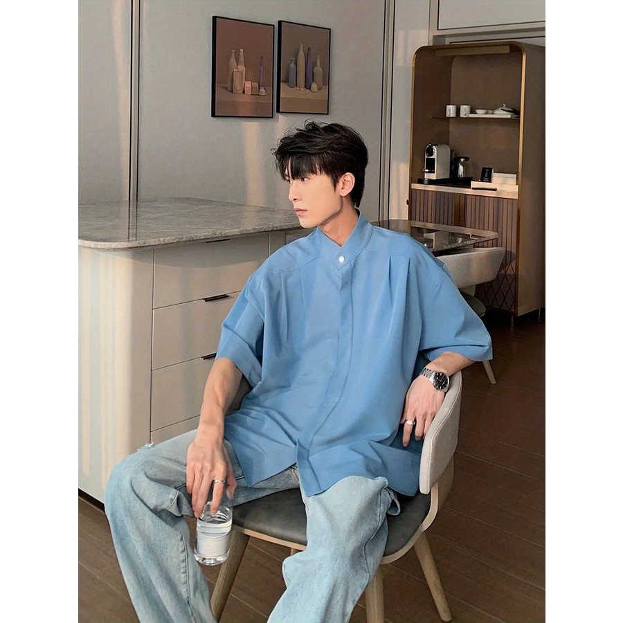 Áo Sơ Mi Tay Ngắn Cổ Đứng Dáng Rộng Phong Cách Đường Phố Thời Trang Mùa Hè Cho Nam