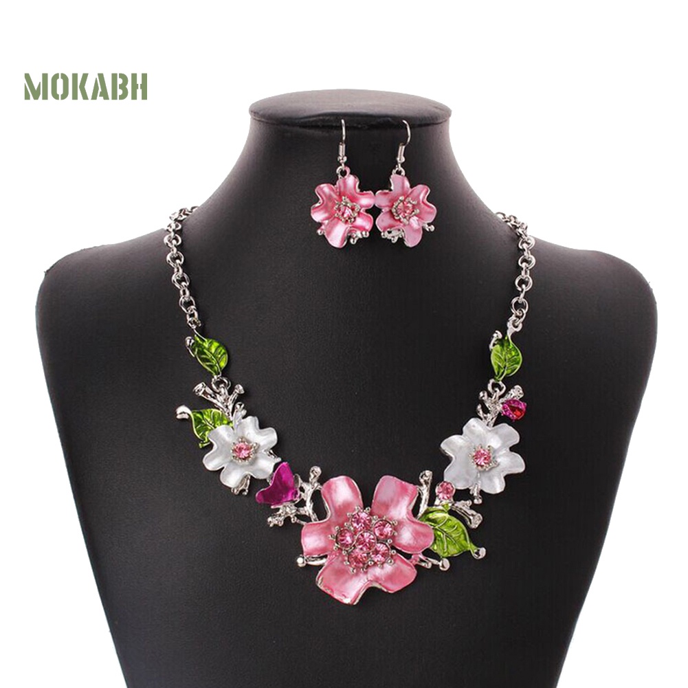 [Mok Abh] Bộ Vòng cổ + Bông Tai Đính Kim Cương Giả Hình Hoa Nhiều Màu Cho Nữ
