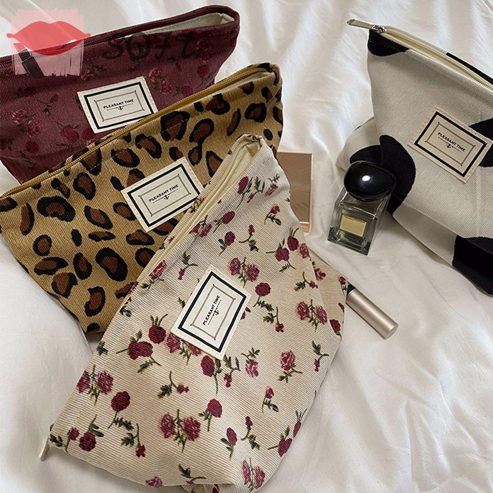 SOFTNESS Túi Đựng Mỹ Phẩm Bằng Nhung Kẻ Tiện Dụng Dành Cho Nữ Ốp