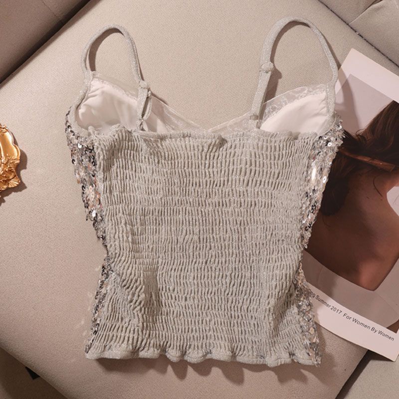 Áo Hai Dây Cổ Chữ V Màu Đen Đính Kim Sa Lấp Lánh Thời Trang Mùa Hè Cho Nữ