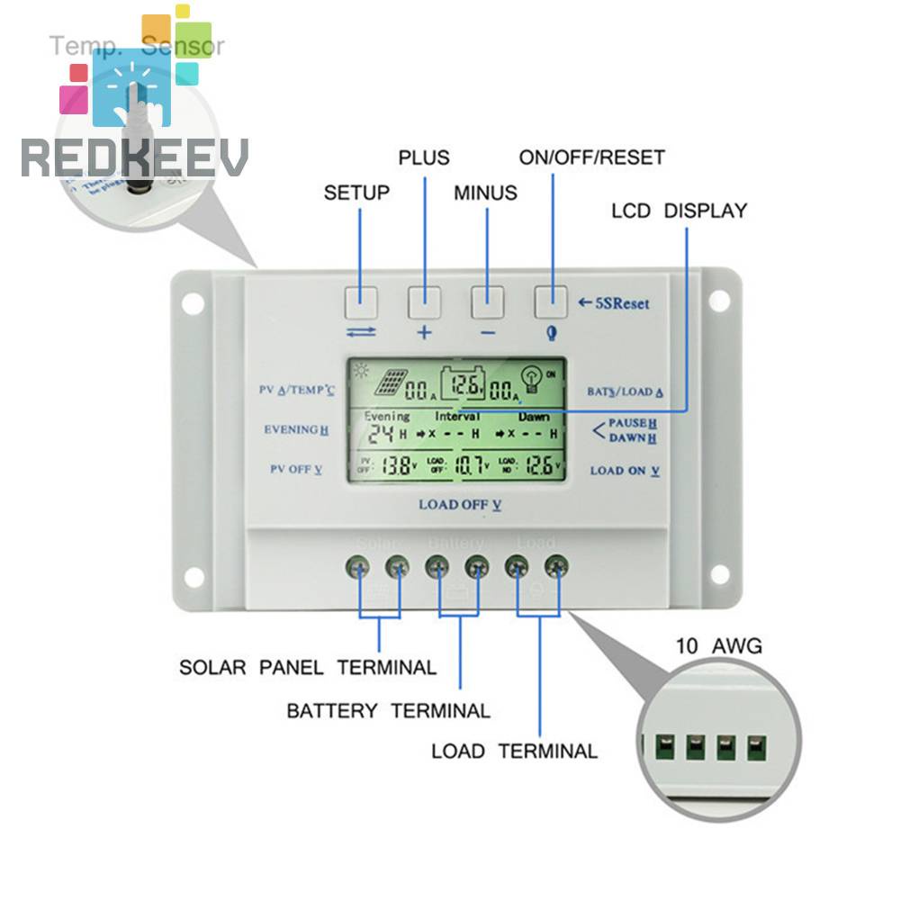 Bộ Điều Khiển Sạc Năng Lượng Mặt Trời 12V 24V 10A PWM Màn Hình LCD