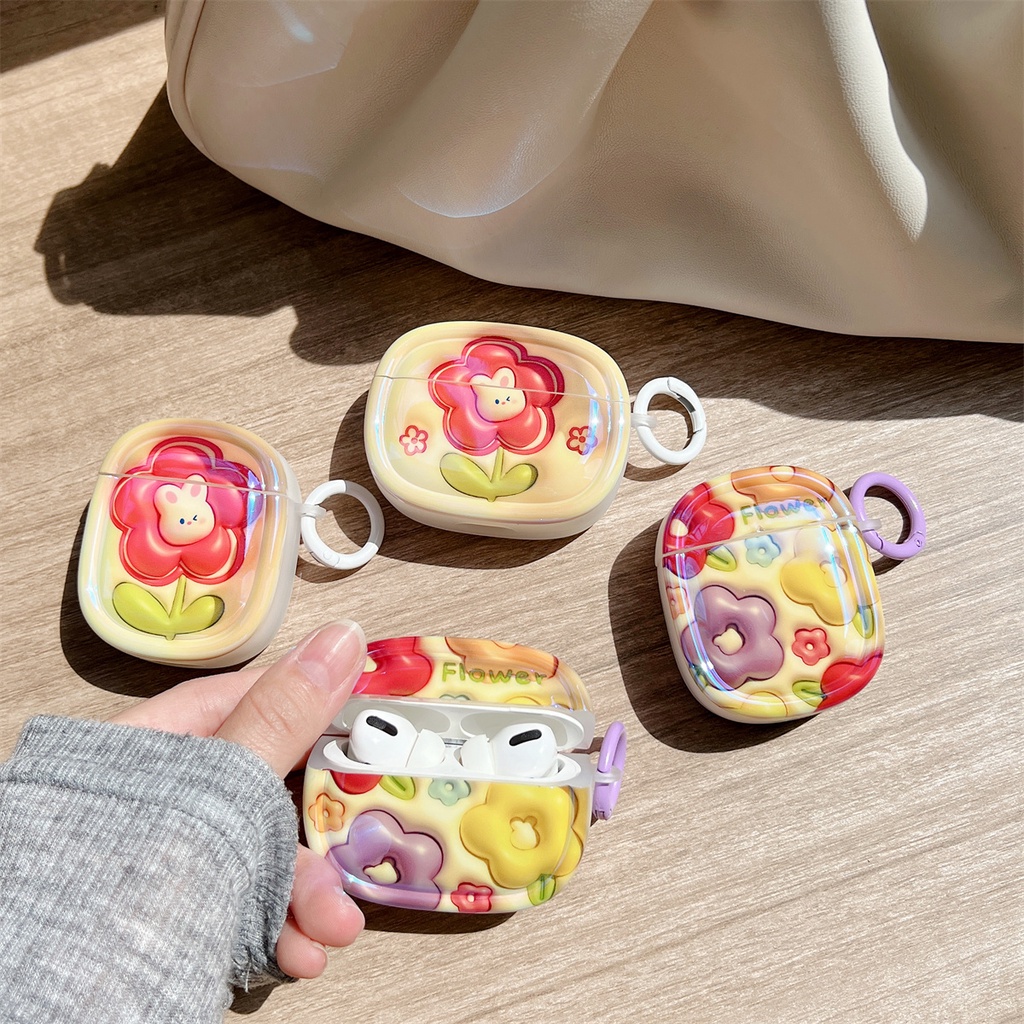 Vỏ Bảo Vệ Hộp Sạc Tai Nghe Bluetooth AirPods 1 2 Gen3 Pro2 Bằng TPU Dẻo Trong Suốt Họa Tiết Hoa Sơn Dầu Dễ Thương Kèm Móc Treo Tiện