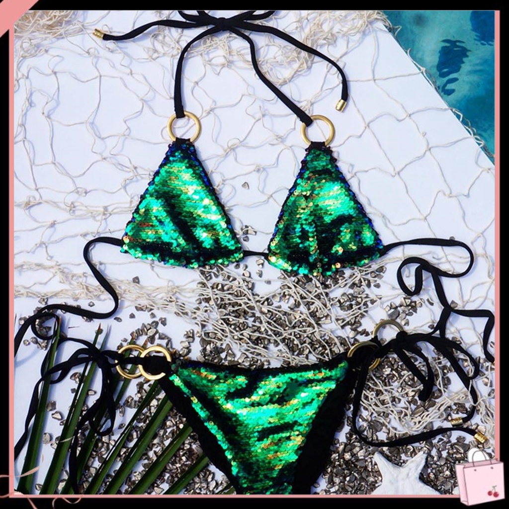 Bộ Bikini 2 Mảnh Hở Lưng Có Vòng Nhẫn Đính Kim Sa Lấp Lánh Quyến Rũ Cho Nữ