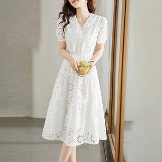 Thời Trang Phiên Bản Hàn Quốc Thanh Lịch Đầm Nữ Tay Ngắn Thêu Rỗng Pháp Nữ Mùa Hè Phong Cách Mới Phiên Bản Hàn Quốc Rời Ôm Hơn Nhìn Cao Cấp Phong Cách Kỳ Nghỉ Đầm Cotton Trắng Với Đầm Size Lớn S-4XL 5XL 40KG-100KG