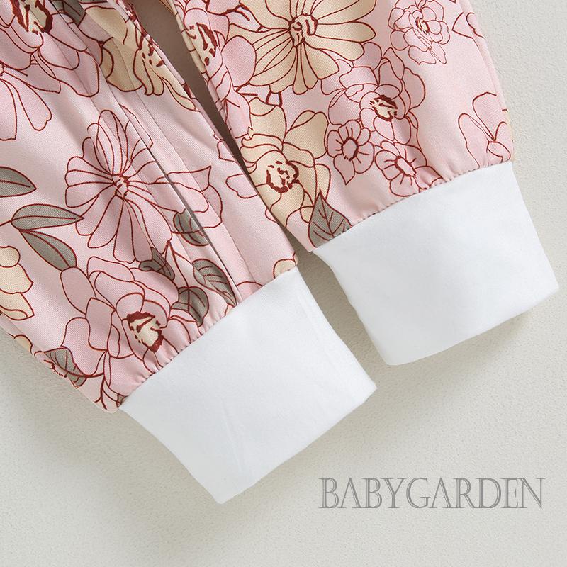 Bộ Áo Liền Quần Tay Dài Cổ Tròn In Hoa Có Khóa Kéo Dành Cho Bé Gái 0-24 Tháng Tuổi