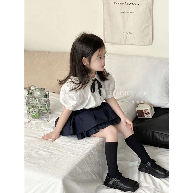 Áo Sơ Mi Tay Ngắn Cổ Peter Pan Thắt Nơ Phong Cách Preppy Mùa Hè Mới 2023 Cho Bé Gái