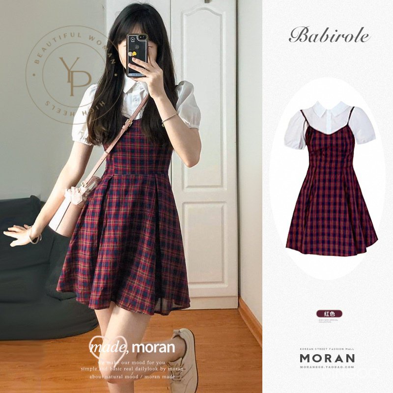 Đầm Tay Phồng Giả Hai Lớp Họa Tiết Sọc Caro Thời Trang Mùa Hè Cho Nữ