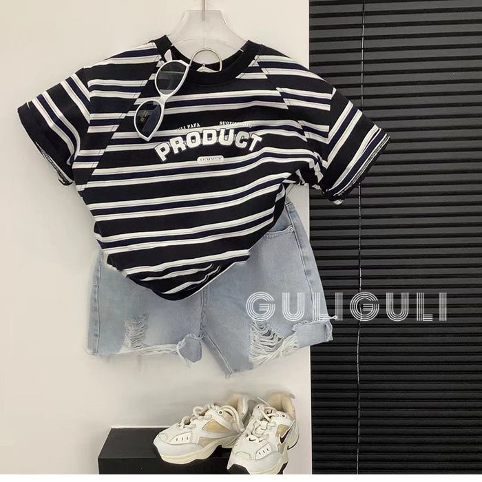 Áo Thun Dáng Rộng Họa Tiết Kẻ Sọc Phong Cách Hàn Quốc Thời Trang Mùa Hè Xinh Xắn Cho Bé