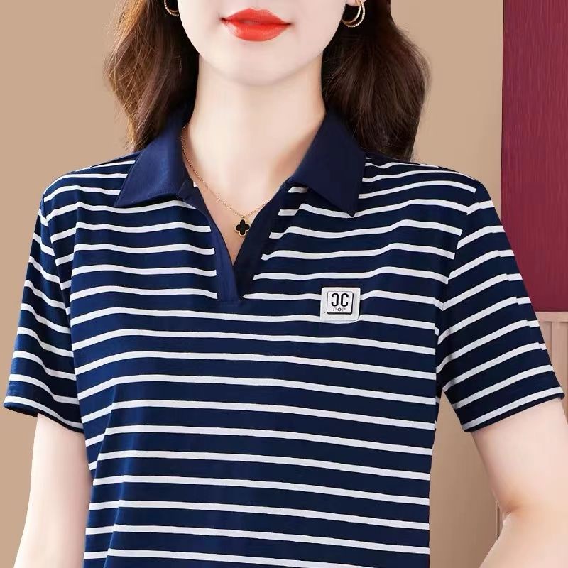 Áo Thun polo Ngắn Tay Form Rộng Họa Tiết Sọc Ngang Thời Trang Dành Cho Nữ Trung Niên