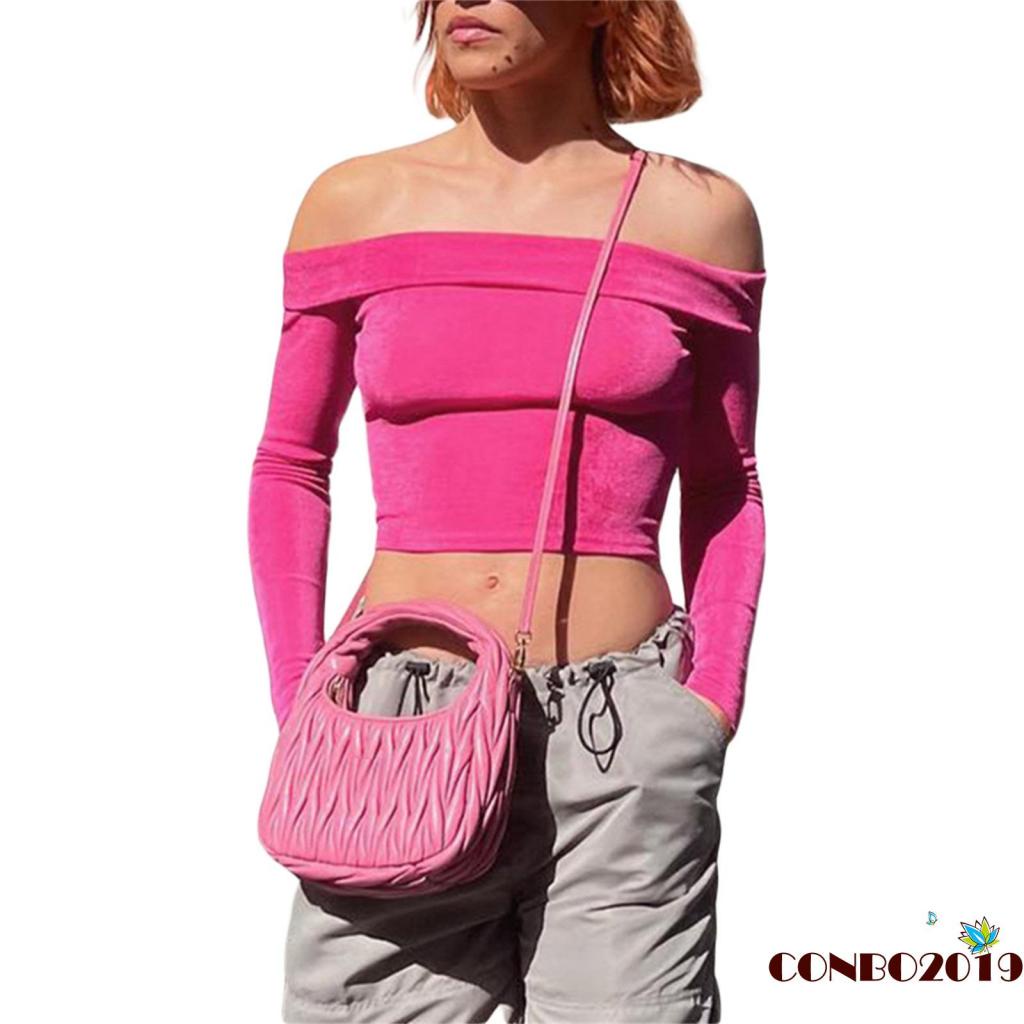 Áo Thun Tay Dài Trễ Vai Màu Sắc Đơn Giản Dành Cho Nữ