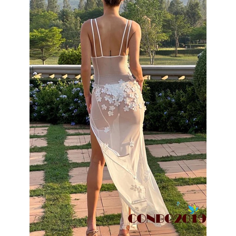 Đầm không tay Cổ Chữ V Phối Lưới Họa Tiết Hoa Thời Trang Đường Phố