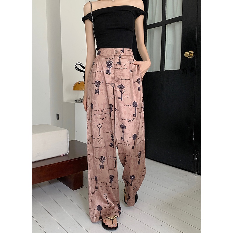 Quần Dài Vải Satin Ống Rộng Lưng Cao In Họa Tiết Vintage Thời Trang Mùa Hè Cho Nữ