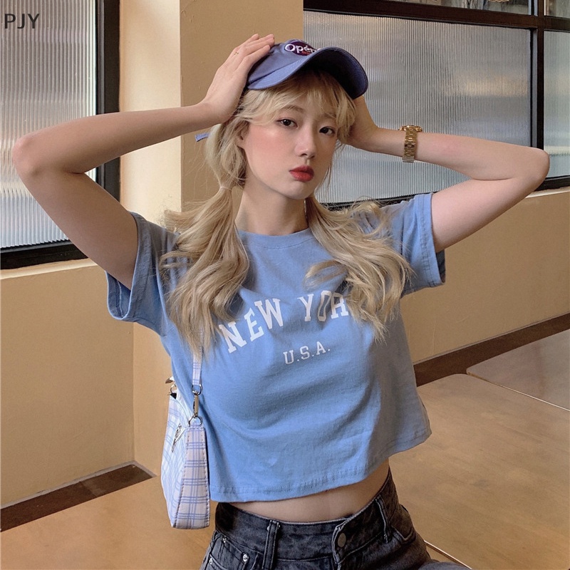 Áo Thun Crop Top Tay Ngắn Cổ Tròn Dáng Rộng In Chữ Thời Trang Mùa Hè Cho Nữ PJ