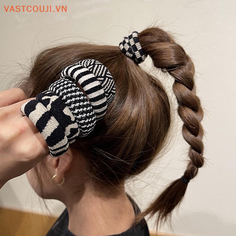 Bộ 5 Dây Buộc Tóc Cao Su Co Giãn Không Đường May Màu Trắng Đen Phong Cách Vintage Thời Trang Cho Nữ
