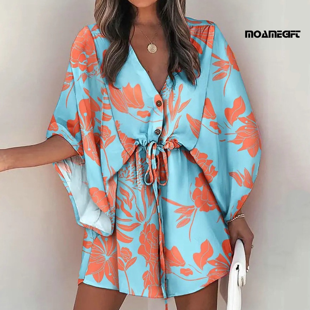 Đầm Tay Bay Cổ Chữ V In Họa Tiết Hình Học Dây Rút Thời Trang Mùa Hè