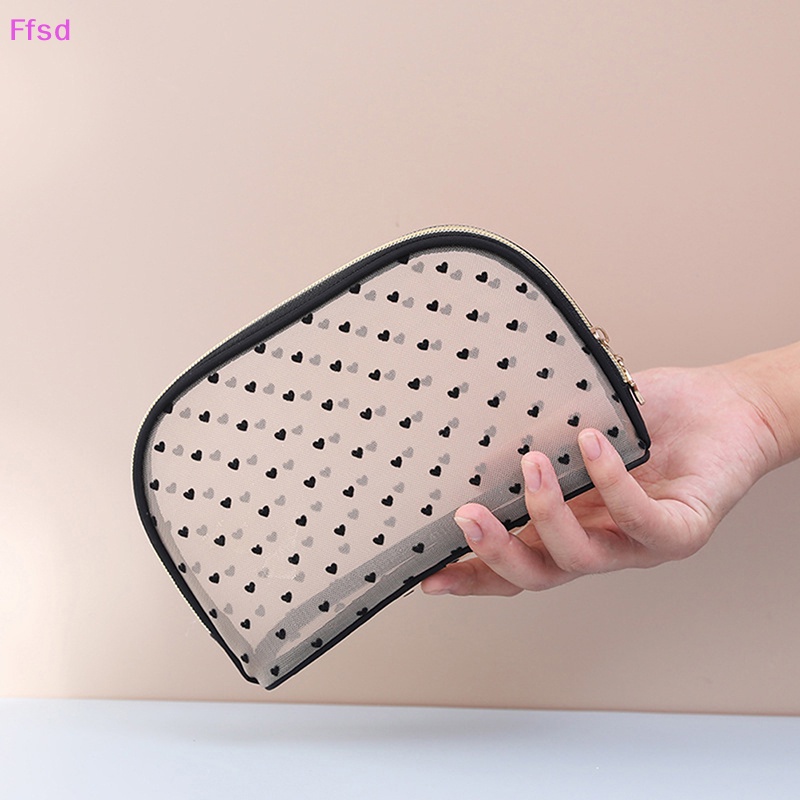 Túi Lưới Đựng Mỹ Phẩm Di Động Trong Suốt Họa Tiết Trái Tim